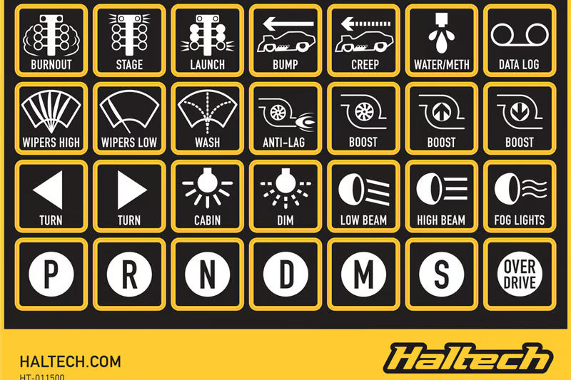 Haltech CAN keypad label set showing various labeled keys for vehicle tuning and electronic control systems.