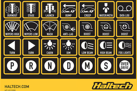 Haltech CAN keypad label set showing various labeled keys for vehicle tuning and electronic control systems.