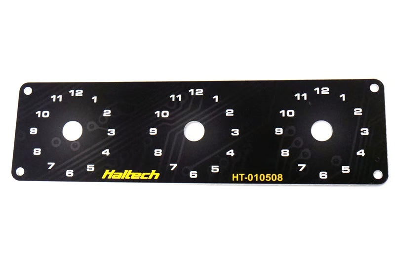 Haltech Triple Switch Panel with yellow and red knobs, automotive accessories for controlling vehicle functions.