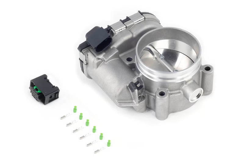 Haltech Bosch 68mm electronic throttle body with connector and pins, showcasing the precise metal body and electronic components.