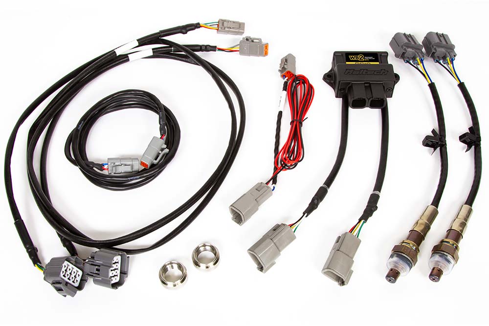Haltech WB2 NTK dual channel CAN O2 wideband sensor controller kit with 1.2m (4ft) cable, featuring two wideband sensors and controller unit.