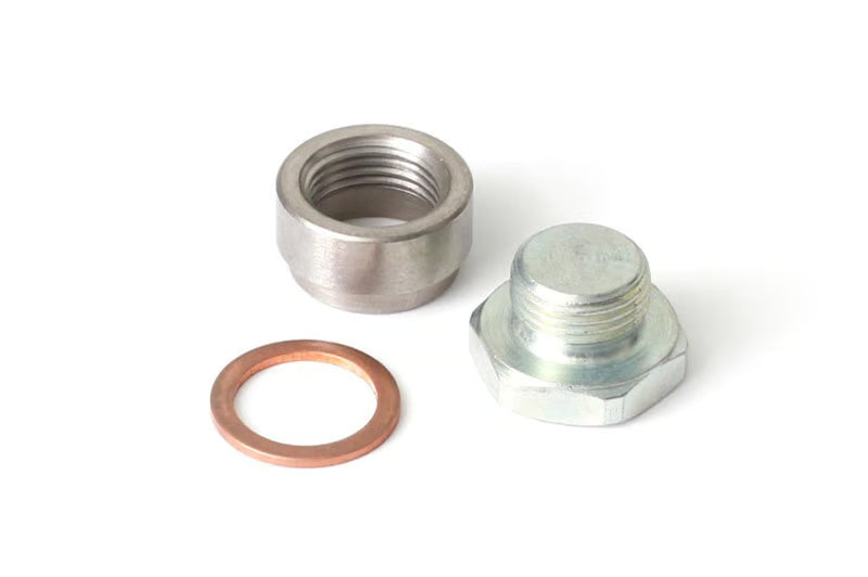 Haltech O2 sensor weldable fitting bung and blanking plug with M18 x 1.5 threads, automotive engine accessories.