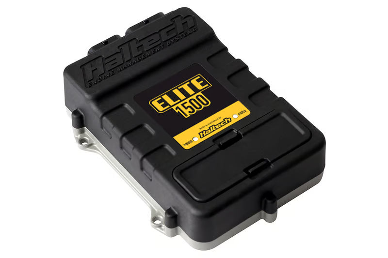 Haltech Elite 1500 ECU with plug and pin set for universal automotive tuning, shown with wiring connectors and ECU unit.