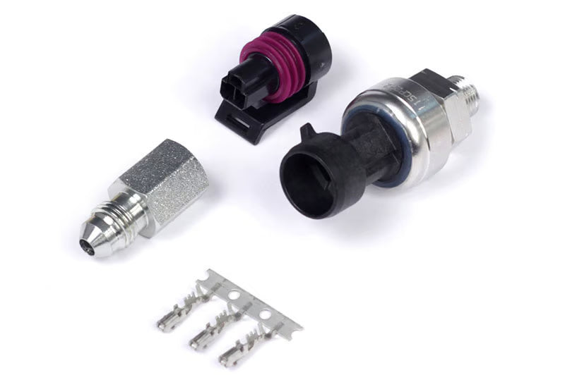 Haltech 150 PSI TI fuel, oil, and wastegate pressure sensor with wiring and connector for automotive performance monitoring.