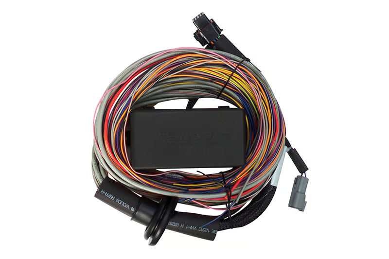 Haltech Elite 550 universal wire-in harness kit with 2.5m length, shown with connectors and wiring for automotive engine management.