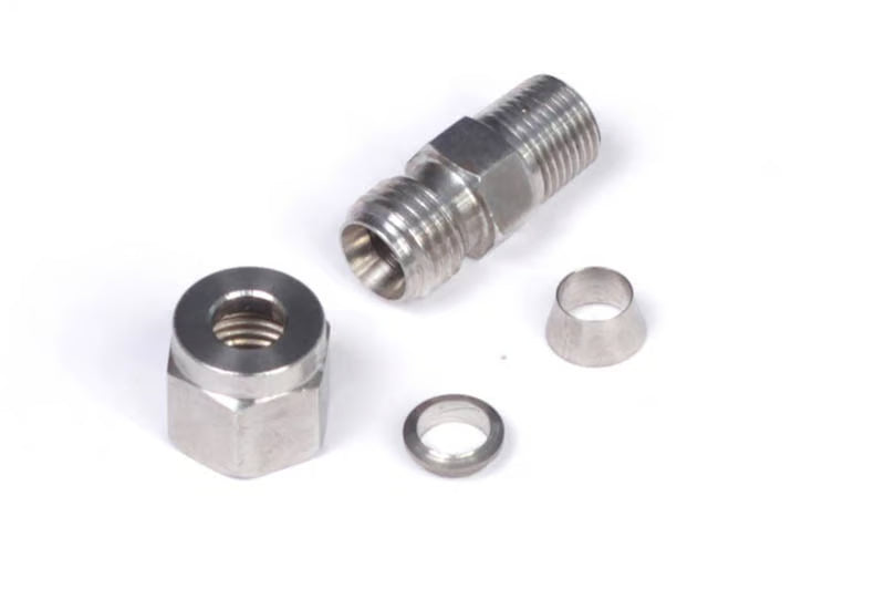 Haltech stainless steel 1/4-inch compression fitting kit with 1/8-inch NPT thread for automotive or industrial fluid connections.
