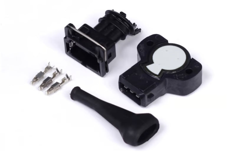 Haltech throttle position sensor in black with 8mm D-shaft, designed for CCW rotation, shown with mounting details.