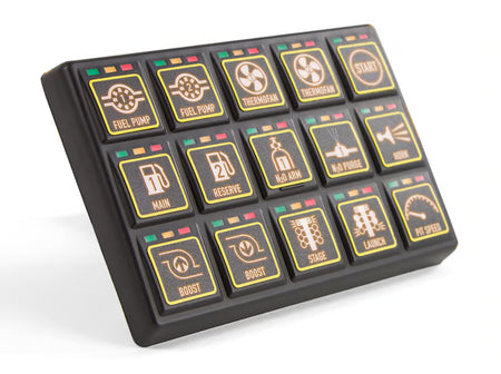 Haltech CAN Keypad with 3x5 grid, compact control device for vehicle tuning and diagnostics, featuring black plastic casing and buttons.
