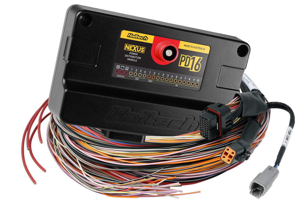Haltech PD16 PDM with 5-meter flying lead harness, showing the compact electronic control unit and attached wiring for automotive use.