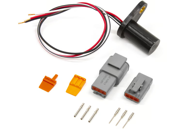 Haltech GT101 style high frequency hall effect sensor, 18mm diameter, with metallic body and wiring for automotive applications.