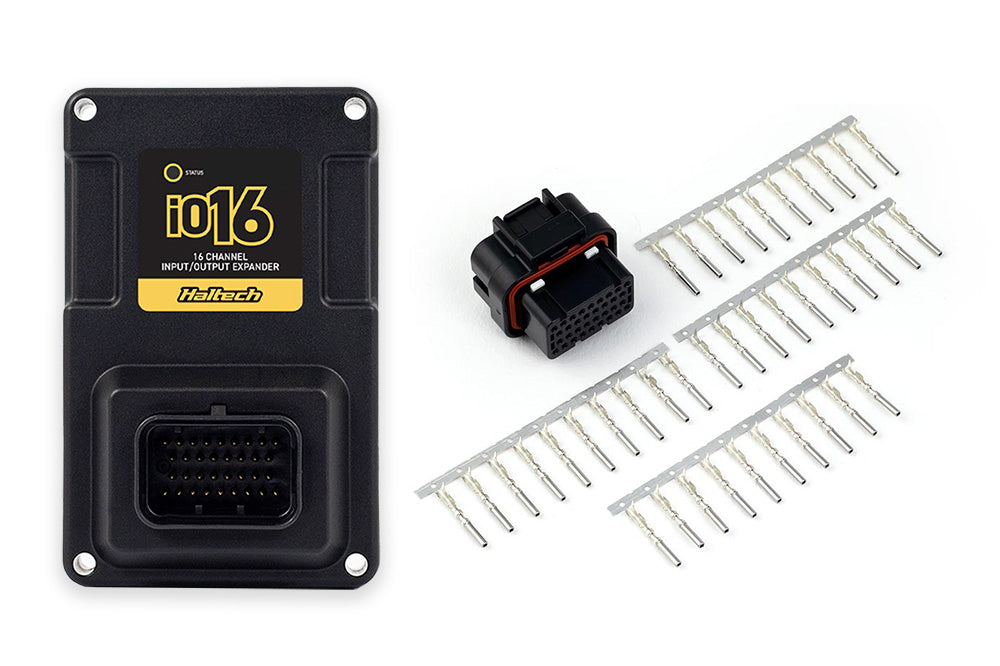 Haltech Nexus IO16 accessories image showing plug and pin set for automotive wiring and electronic connections.