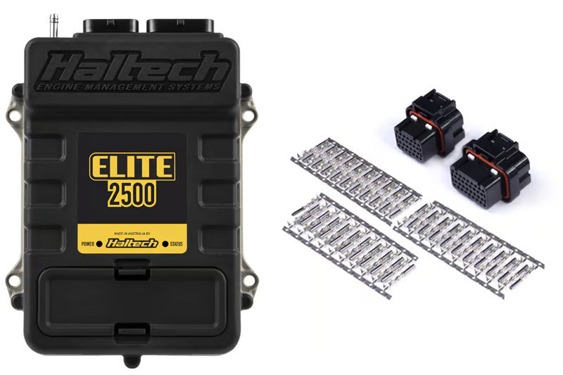 Haltech Elite 2500 ECU with plug and pin set for universal automotive tuning, shown with wiring components.
