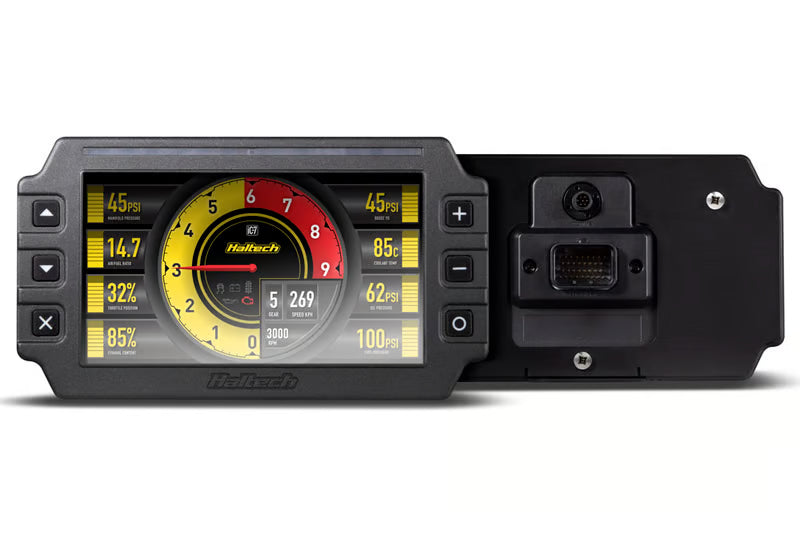 Haltech IC-7 Classic digital dashboard install kit showing a 7-inch CAN size color display with mounting accessories.