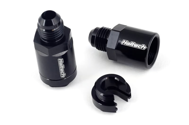 Haltech Flex Fuel fitting 3/8 inch GM spring lock to -6AN male connector for automotive fuel systems.