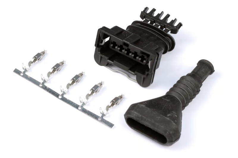 Haltech Bosch 5-pin Junior Timer female connector with plug and pins, automotive accessories for wiring and electrical connections.