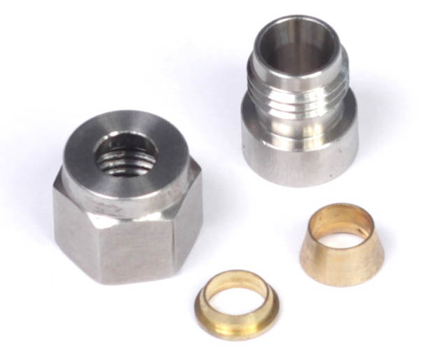 Haltech 1/4-inch stainless steel weld-on kit with nut and ferrule for automotive or industrial accessories.