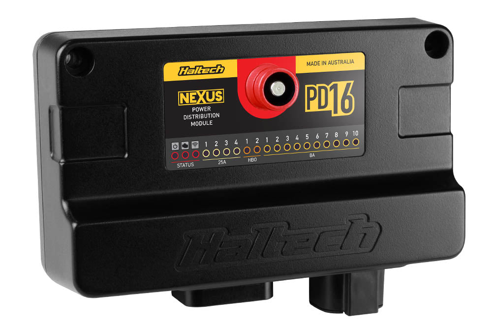 Haltech PD16 PDM automotive power distribution module with multiple connection ports, black rectangular device on a white background.