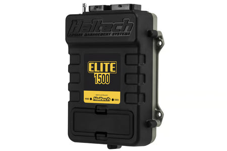 Haltech Elite 1500 ECU with plug and pin set for universal automotive engine management system, featuring wiring connectors and electronic components.