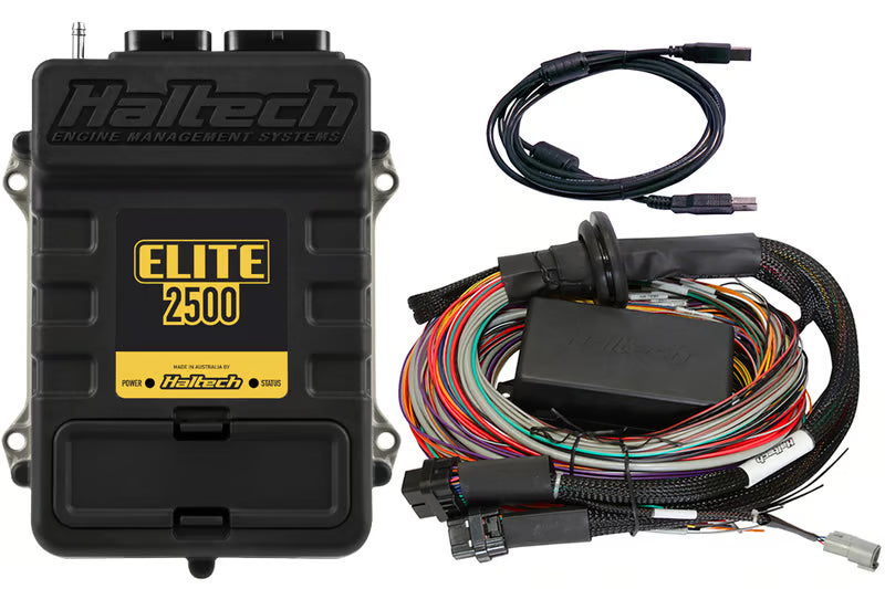 Haltech Elite 2500 universal engine management ECU with 2.5m premium wire-in harness kit, black and grey wiring components.