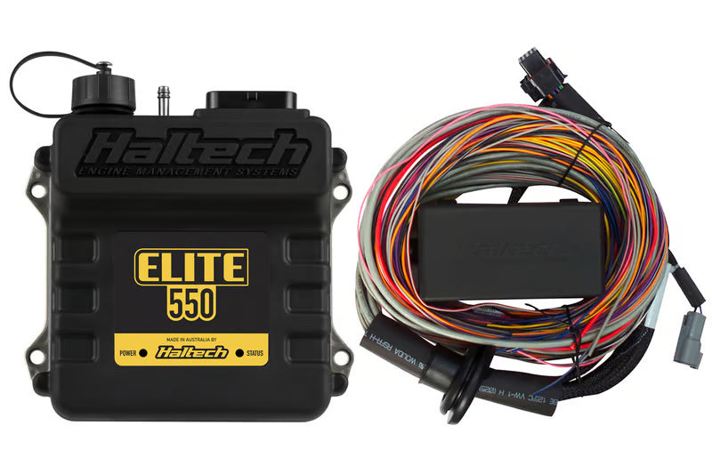 Haltech Elite 550 universal engine ECU with 2.5m premium wire-in harness kit, featuring multiple connectors and wiring for automotive installation.