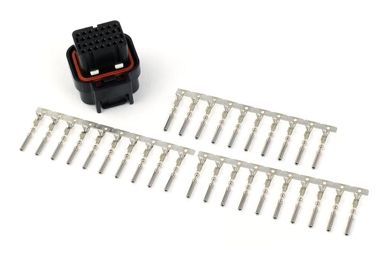 Haltech AMP 26 pin key plug and pins for Nexus and Elite Series ECUs, accessory component with metal connectors and plastic housing.