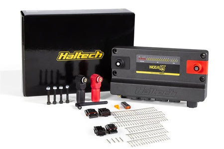 Haltech Nexus R5 universal ECU with plug and pin set, showing wiring and connector components for automotive tuning.