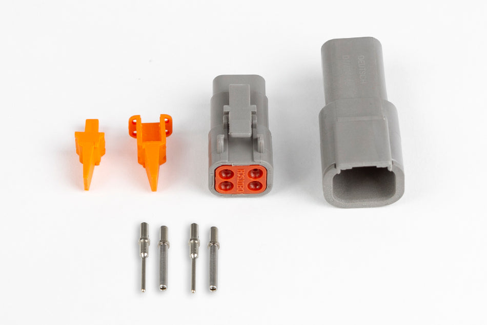 Haltech Deutsch DTM-4 connector plug and pin set for electrical accessories, 7.5 amp, with matching terminals and wiring components.