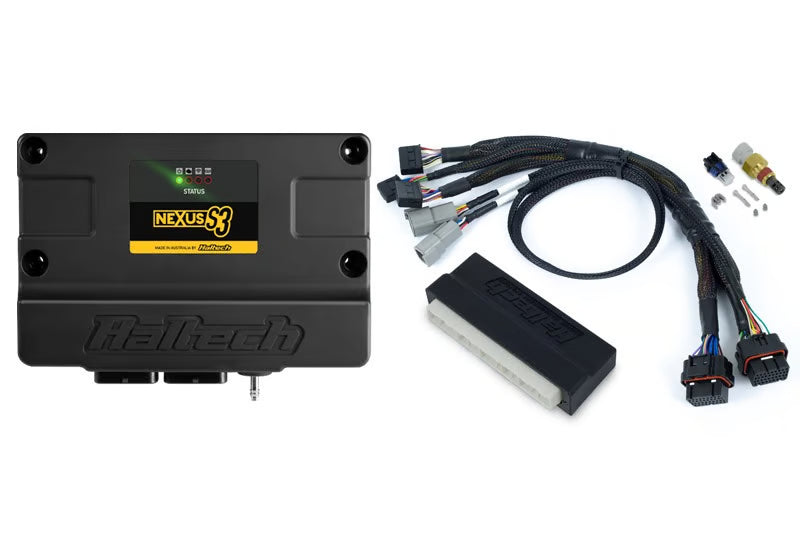 Haltech Nexus S3 plug and play adapter harness kit for Honda EP3, showing the wiring connectors and harness components.