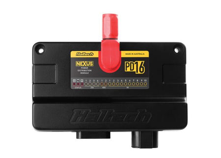 Haltech PD16 PDM automotive power distribution module with multiple connectors and compact design for vehicle wiring.