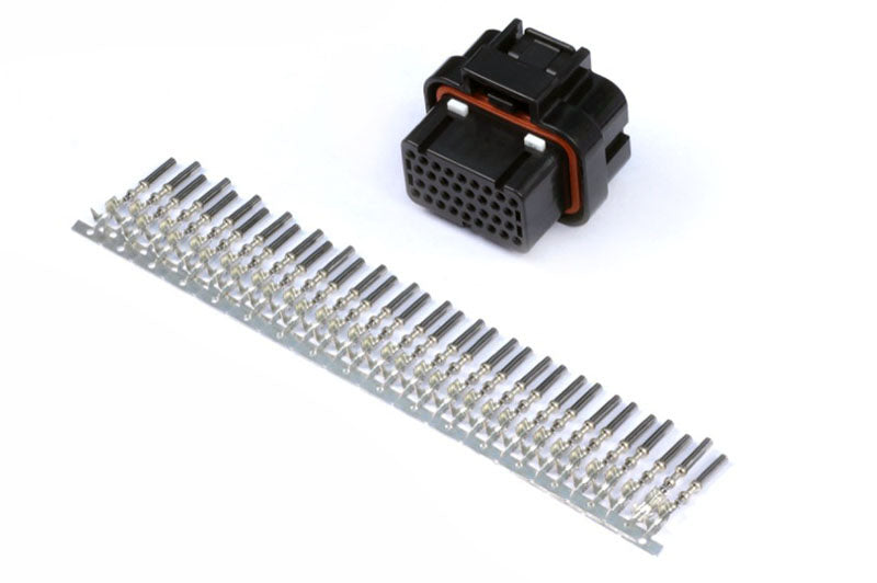 Haltech AMP 34-pin plug and pins, 1/4 row, 3-key Superseal connector accessory for automotive wiring and electronics.