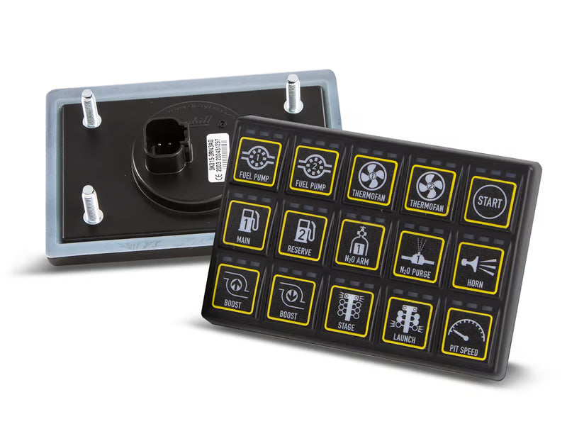 Haltech CAN Keypad with 3x5 button grid, compact automotive control interface showing black buttons and connection ports.