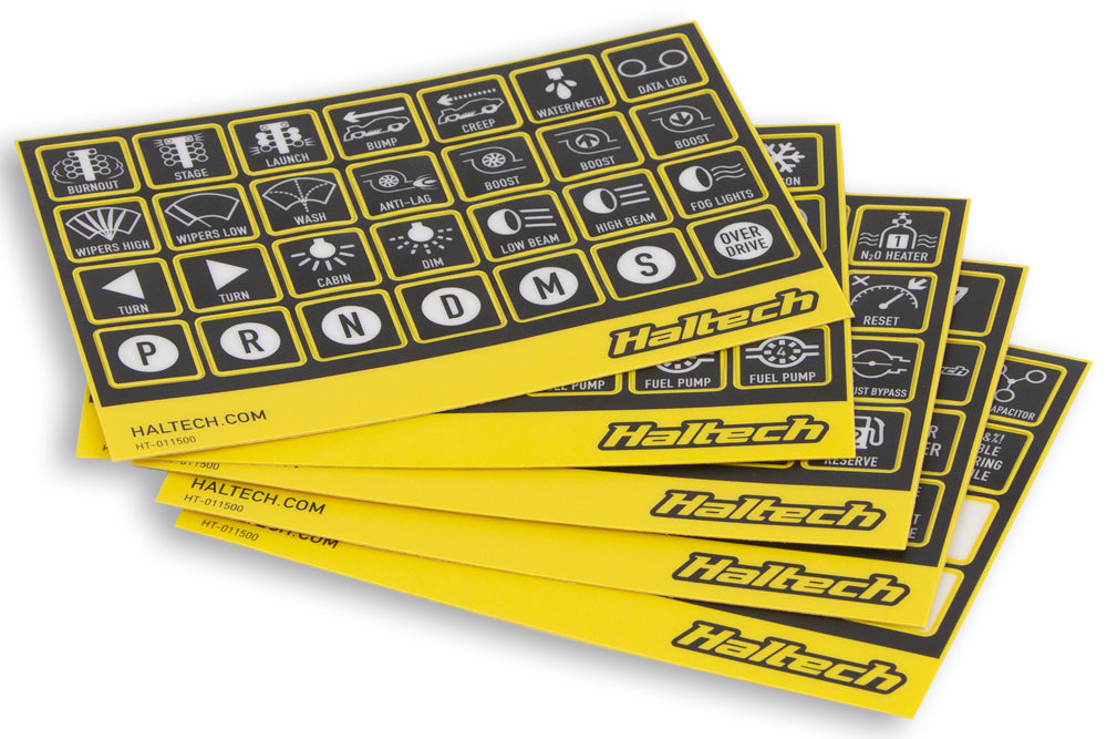 Haltech CAN keypad label set with black and white labels for vehicle tuning and electronic control systems.
