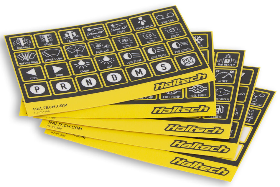 Haltech CAN keypad label set with black and white labels for vehicle tuning and electronic control systems.