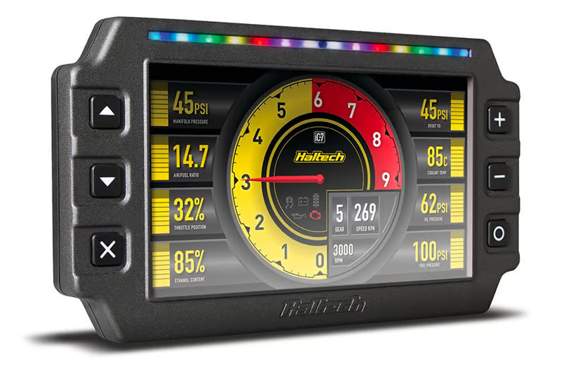 Haltech IC-7 Colour Dash Classic digital dashboard display in CAN size, showing colorful gauges and interface setup.