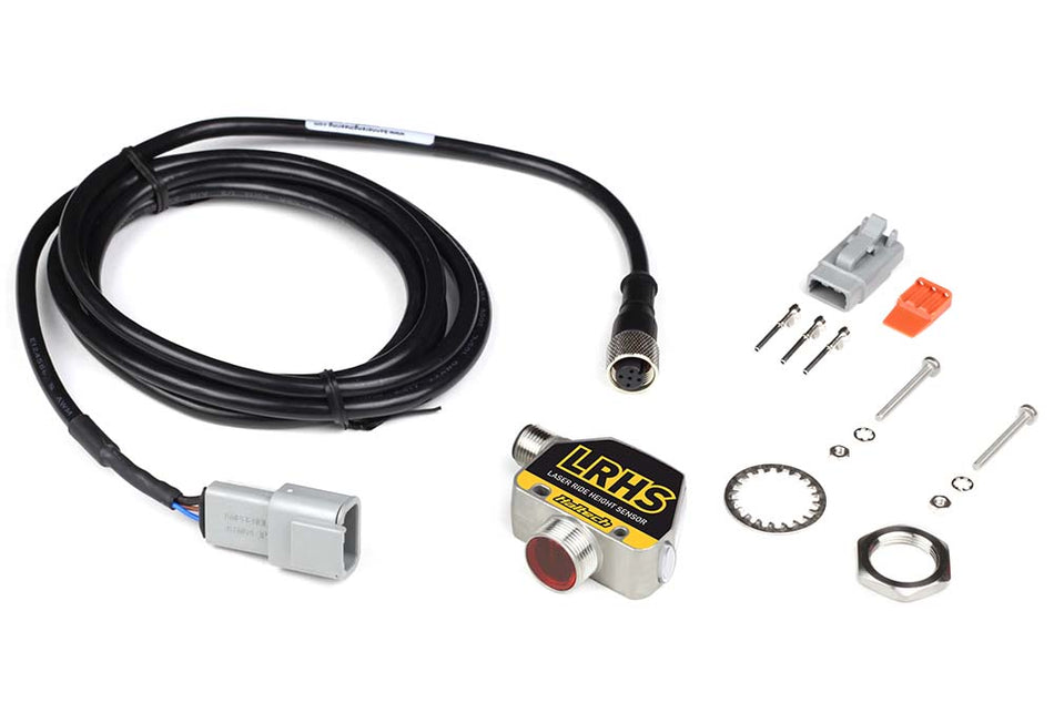 Haltech laser ride height sensor with adjustable 25mm to 500mm range, featuring a sleek metal body and compact design.