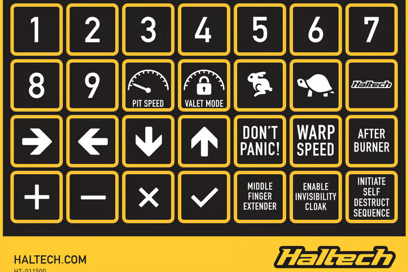 Haltech CAN keypad label set with colorful button labels for vehicle tuning and dashboard control.