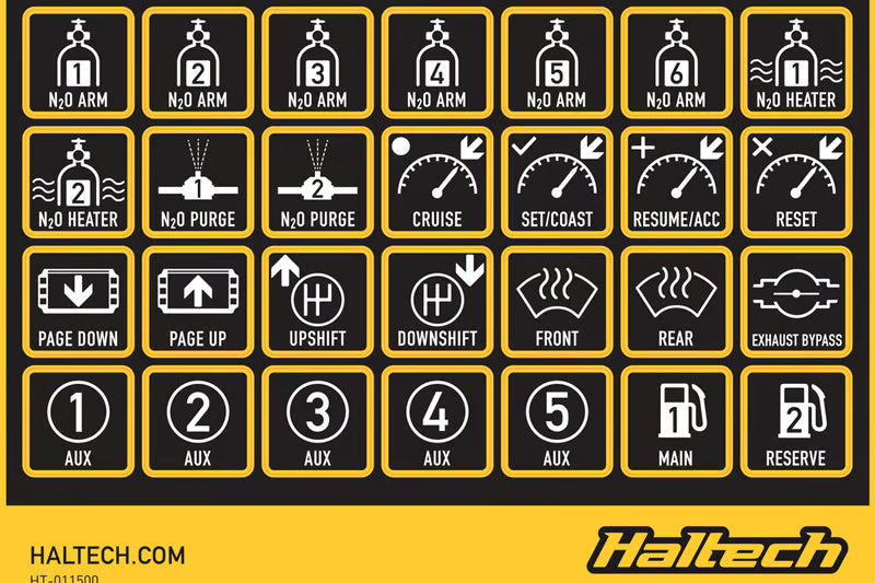 Haltech CAN Keypad Label Set with clearly marked buttons for vehicle tuning and engine management systems.
