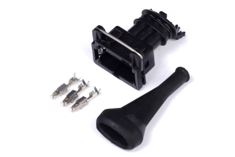 Haltech Bosch 3-pin female plug and pin connector for Junior Timer accessories, showing close-up of the electrical connection components.