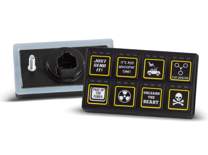 Haltech CAN Keypad with 2x4 button layout, featuring durable black plastic and labeled buttons for vehicle tuning control.