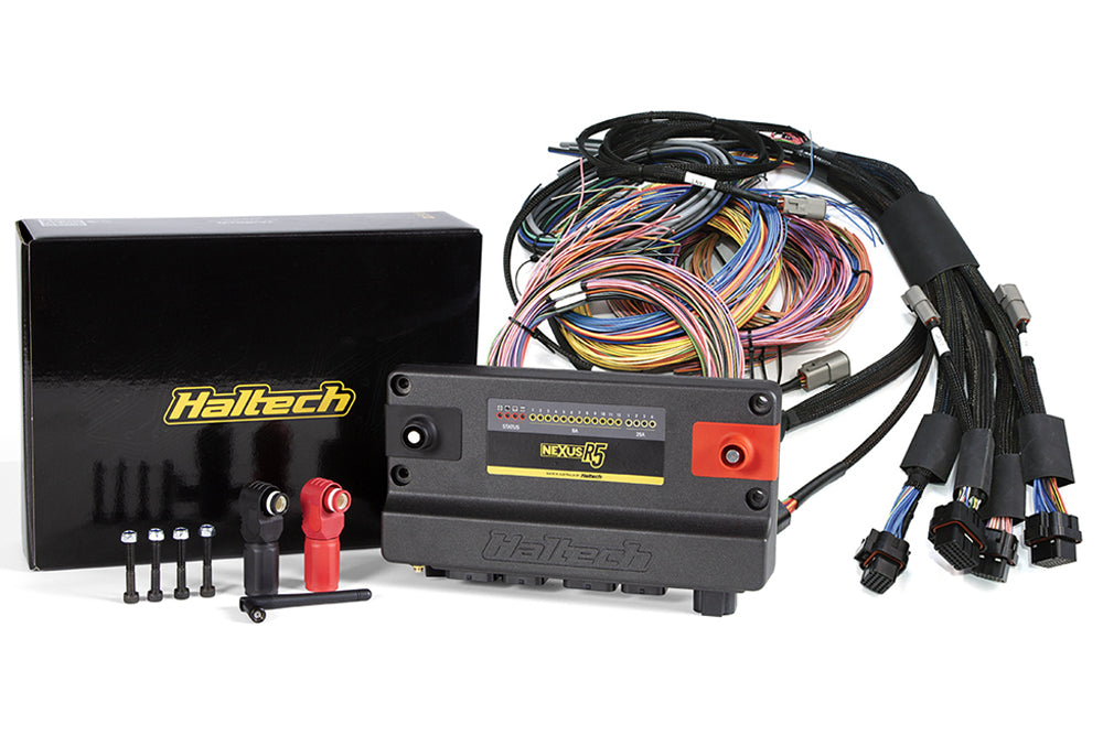 Haltech Nexus R5 universal engine management system with 2.5m wire-in harness kit, showing the electronic controller and wiring.