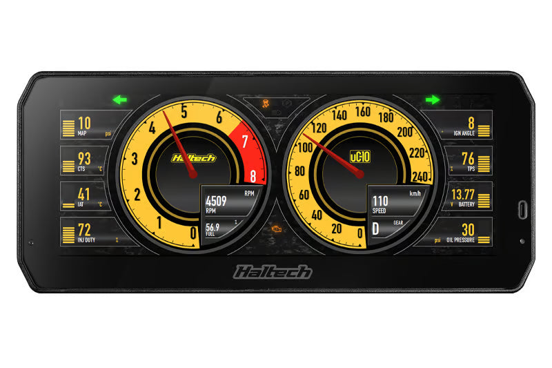 Haltech uC-10 10-inch digital dashboard display showing gauges and data readouts for vehicle monitoring.