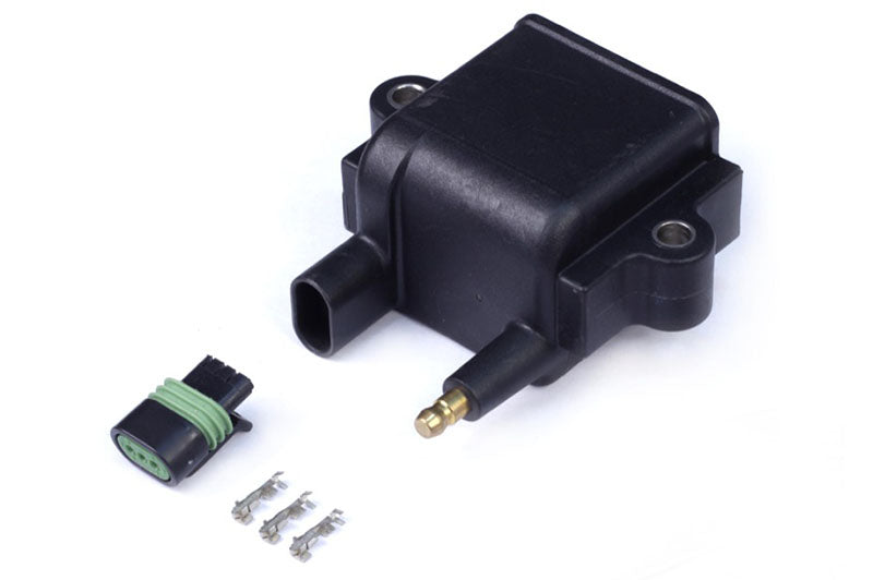 Haltech High Output CDI Coil with plug and pins, automotive accessory for enhanced ignition performance.