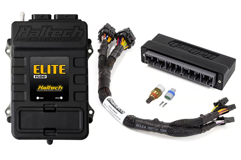 Haltech Elite 1500 Plug 'n' Play ECU adaptor harness kit for Honda AP1, with connectors and wiring for easy installation.
