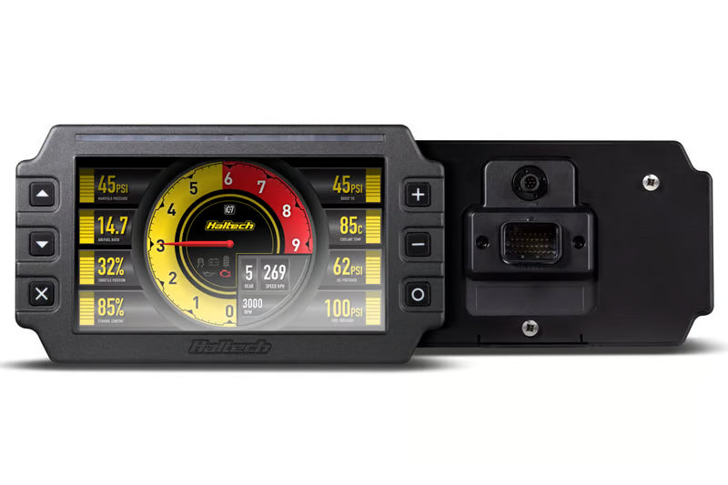 Haltech IC-7 7-inch digital dashboard display showing colorful gauges and controls, mounted in a vehicle interior.