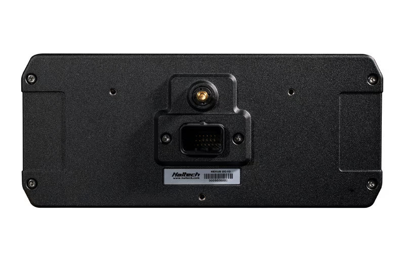 Haltech uC-10 10-inch digital dashboard display showing gauges and performance data in a sleek black frame.