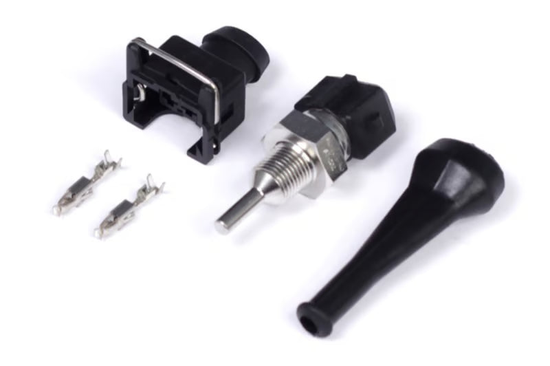 Haltech high-range oil temperature sensor displaying a metallic sensor probe and wiring for automotive temperature measurement