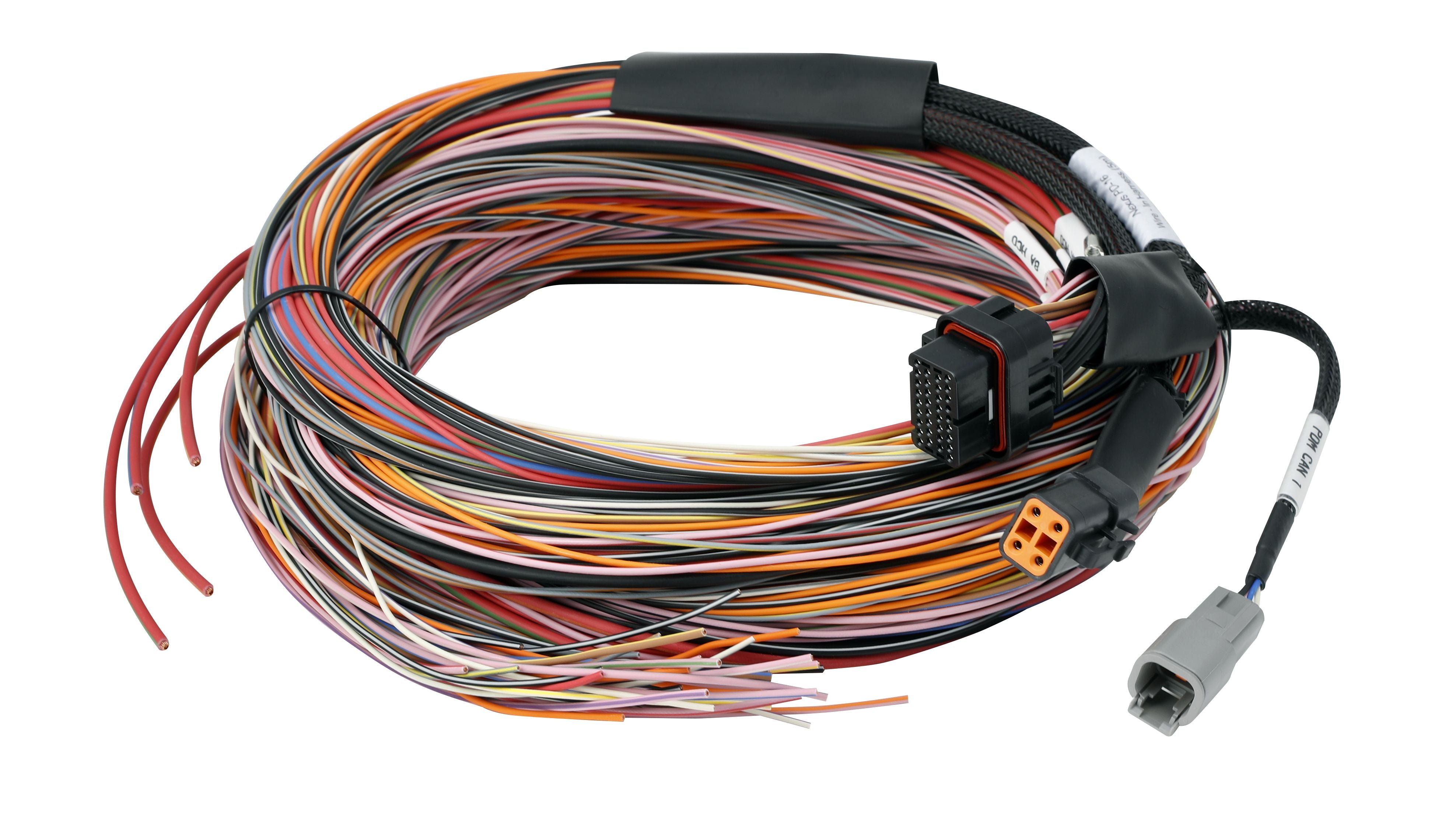 Haltech PD16 wire-in harness, 16-foot length, flexible wiring for automotive electronic connections, shown coiled in the image.