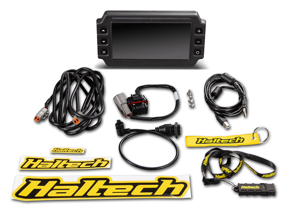 Haltech IC-7 7-inch digital dashboard kit with colorful display, showing gauges and digital readouts in a sleek automotive design.