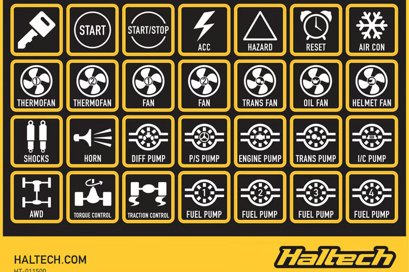 Haltech CAN keypad label set with clearly printed buttons for easy identification and seamless integration with Haltech systems.