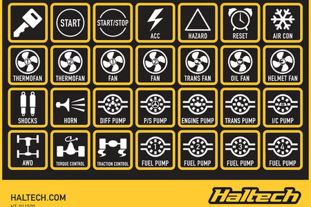 Haltech CAN keypad label set with clearly printed buttons for easy identification and seamless integration with Haltech systems.